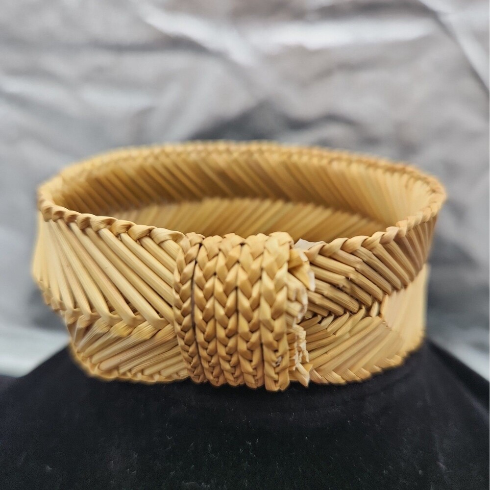 Bracelet Bohemian Woven Gold Straw Chevron Bangle Folk Art Hand Made VTG